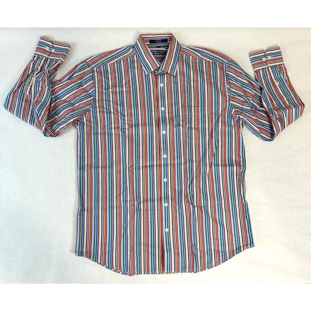 Alan Flusser Button Down Shirt Stripes Colorful Twee Preppy Men's Size Medium